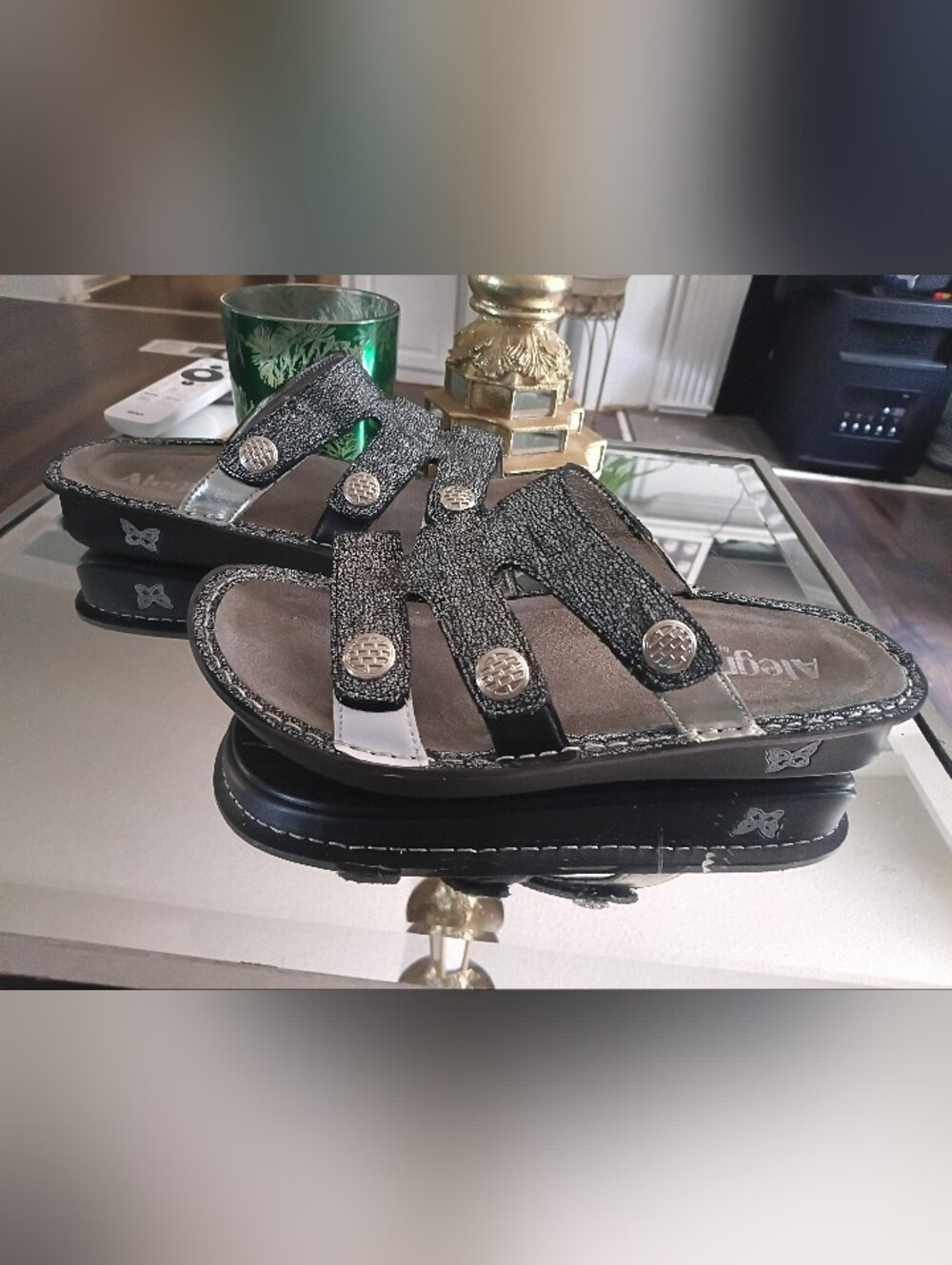 Alegria Black and Silver Strappy Slide Sandals